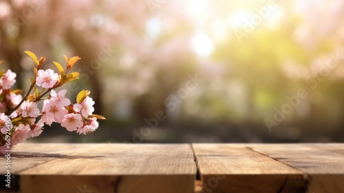 Wooden board table in front of garden in spring flowers and butterflies background