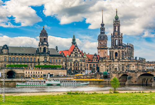 Dresden cityscape with cathedral, castle and Elbe river in spring, Saxony, Germany