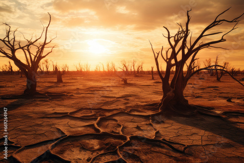 Dead trees on barren land - drought illustration with hot sun and no water