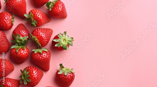 Tasty strawberries on pink background, flat lay. Space for text