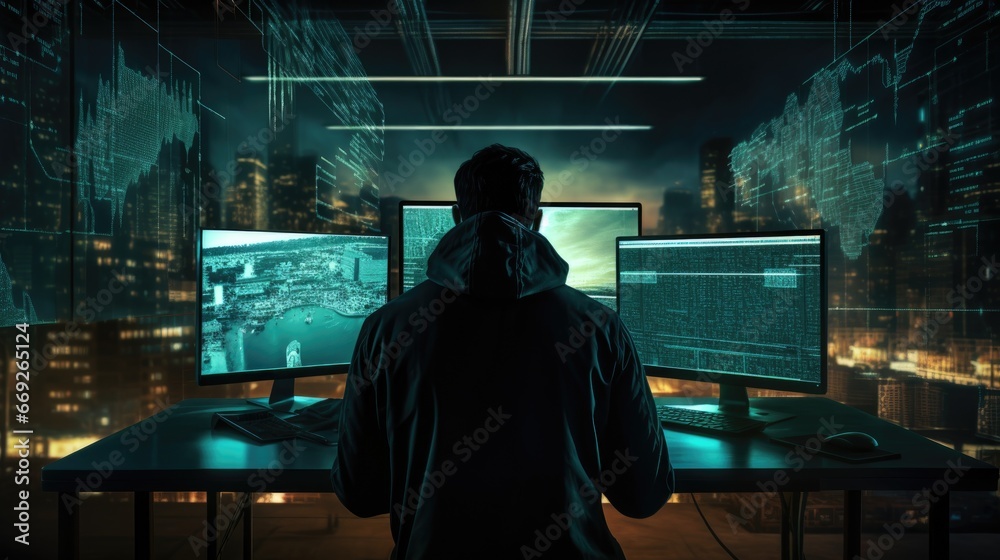 Hacker in front of computer screens Hacker in front of computer screens