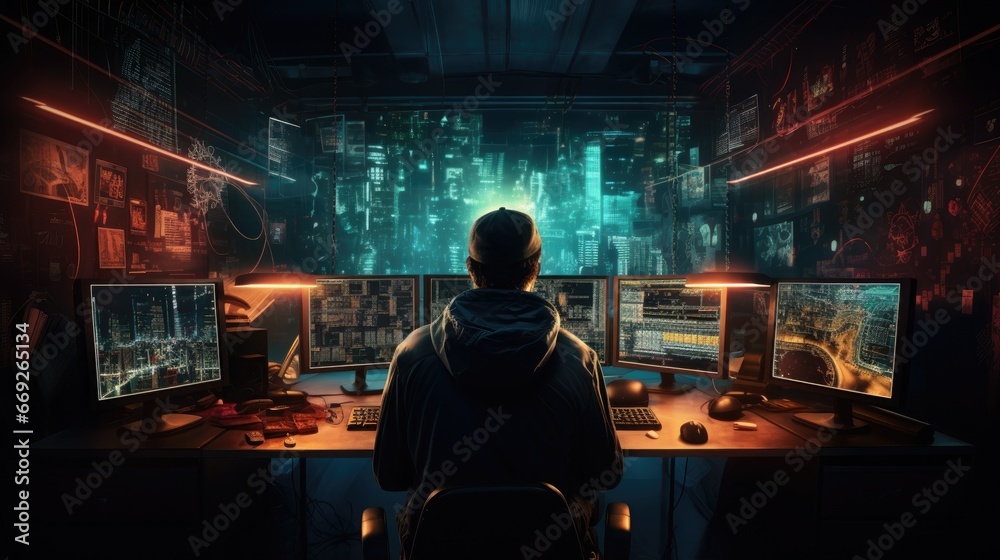 Hacker in front of computer screens Hacker in front of computer screens