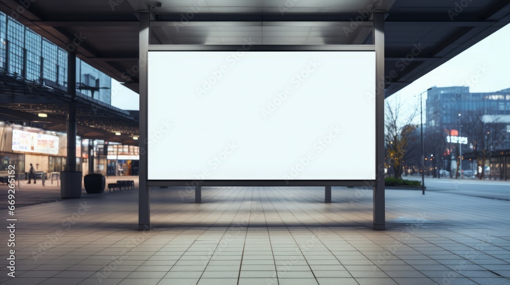 mockup of a blank, an empty billboard in a busy shopping center, copy space, 16:9