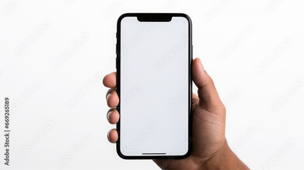 Caucasian male holding a phone in vertical orientation, white screen, copy space, 16:9 Caucasian male holding a phone in vertical orientation, white screen, copy space, 16:9