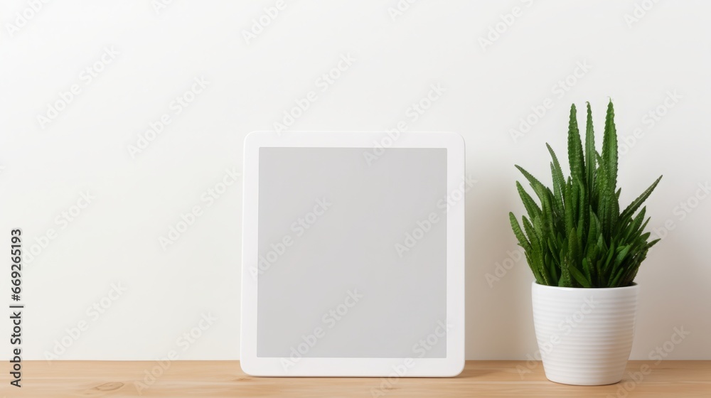 mockup empty, blank tablet with cactus sitting beside it, copy space, 16:9