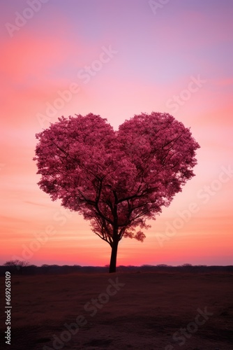 Pink Heart Shaped Tree on sunset. AI Generated