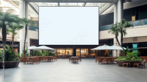 mockup of a blank, an empty billboard in a busy shopping center, copy space, 16:9 photo