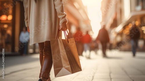 Close up of woman`s hand holding shopping bags while walking on the street, copy space, 16:9