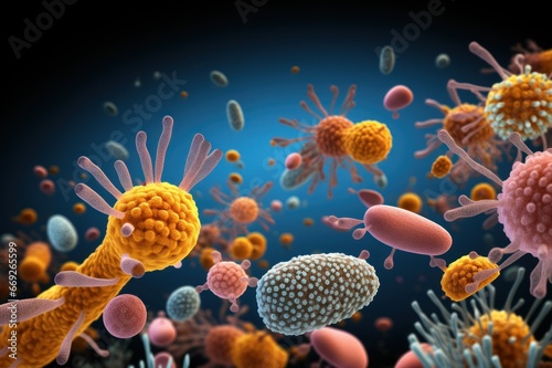 Bacterial diversity. Microscopic view of various bacteria species, diverse shapes and arrangements. Bacterial cells, cell walls, flagella, pili, biofilm formation. Microbiological. Medical. photo