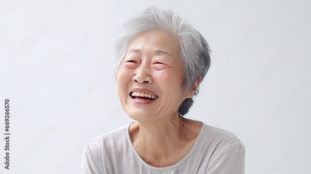 Close up photo of an 80-year-old Chinese woman laughing with Alzheimer disease on white background. Close up photo of an 80-year-old Chinese woman laughing with Alzheimer disease on white background.