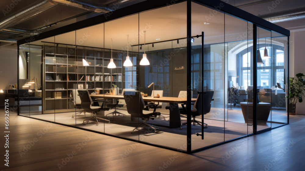 Empty glass, transparent meeting room in open office interior