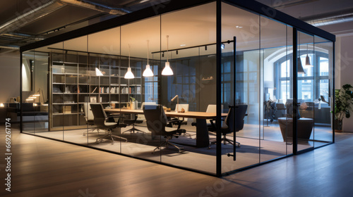 Empty glass  transparent meeting room in open office interior