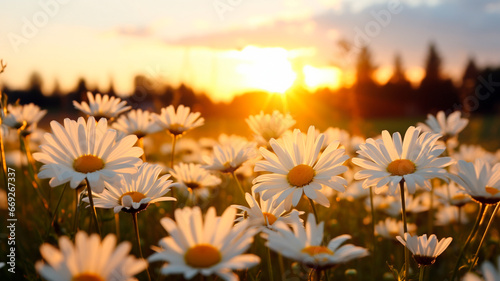 field of daisy flowers at sunset. beautiful summer flowers.