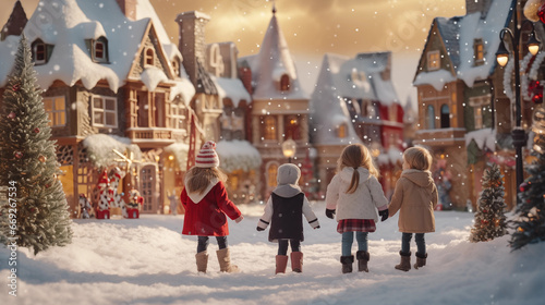 Kids in a snowy village at christmas time