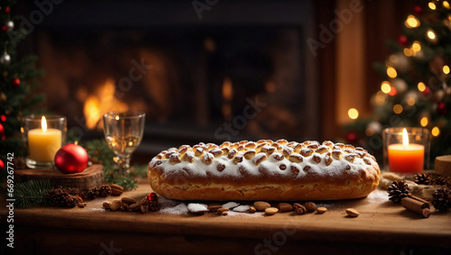 Christstollen, stollen dolce tipico di Natale una una atmosfera natalizia con caminetto e luci natalizie photo