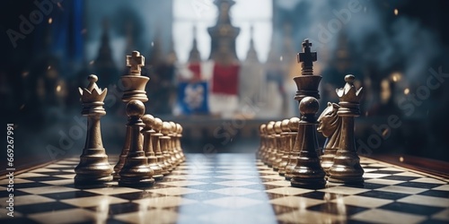A photograph of a chess board with chess pieces on it. This image can be used to illustrate strategy, intelligence, decision-making, or competitive games.