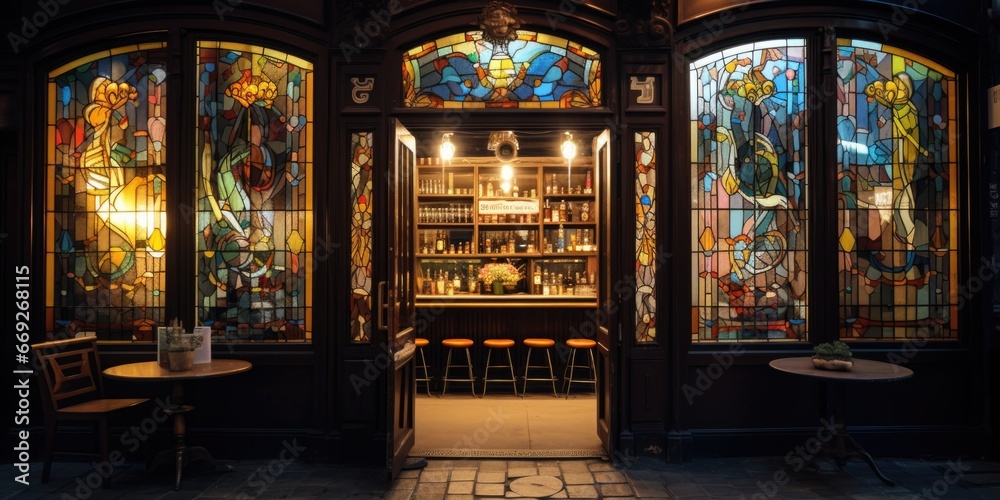 Obraz premium A picture of a bar with beautiful stained glass windows and tables. This image can be used to depict a cozy and vibrant atmosphere in a bar or restaurant setting.