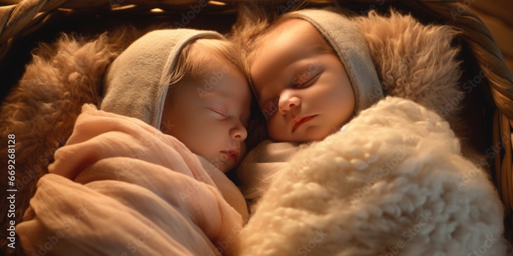 A picture of a couple of babies peacefully sleeping in a basket. This adorable image can be used to showcase the innocence and beauty of newborns. Perfect for baby-related projects and promotions.