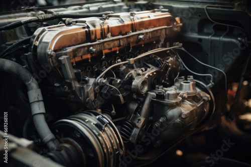 A detailed close-up view of an engine in a car. This image can be used to showcase automotive technology and mechanics.
