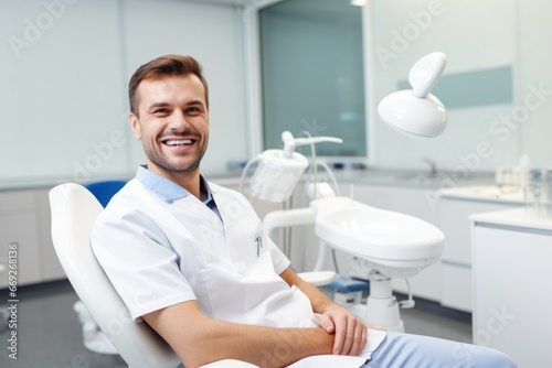 A man is seated in a chair in a dentist s office. This image can be used to illustrate a dental appointment or the experience of visiting the dentist.