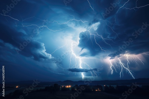 A dramatic image capturing a lightning storm in the sky above a town. Perfect for illustrating extreme weather conditions or emphasizing the power of nature.