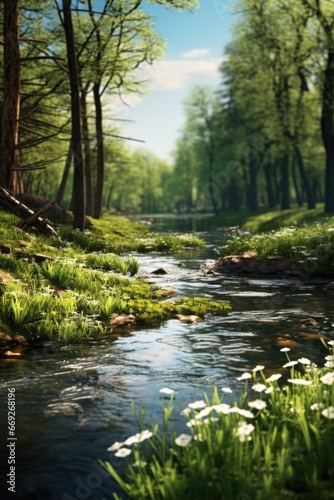 A picture of a stream flowing through a vibrant and dense green forest. This image captures the tranquility and beauty of nature. Perfect for use in environmental and travel-related projects.