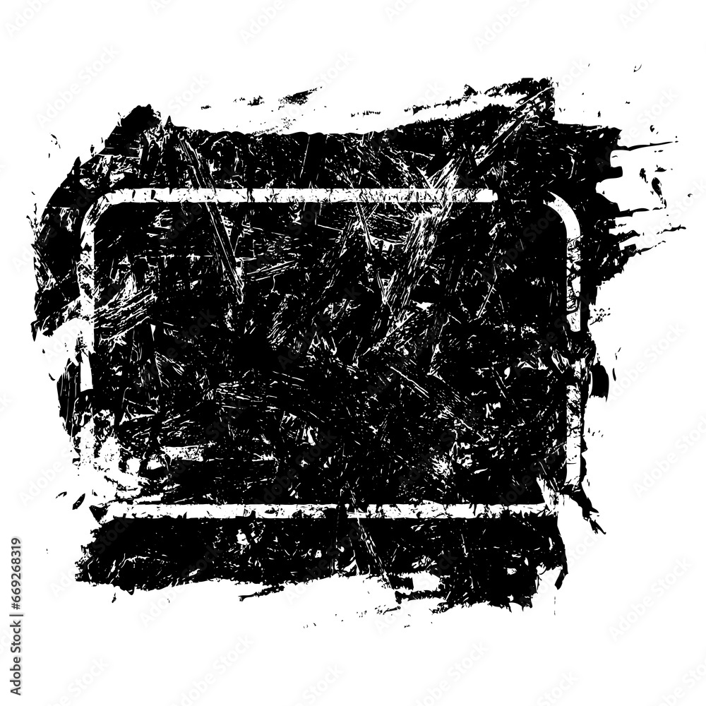Black grunge shape with white rounded frame. Distress texture of spots, stains, ink, dots, scratches. Design element for pattern, grungy effect, template, banner, insignias, icons, badges, emblem Black grunge shape with white rounded frame. Distress texture of spots, stains, ink, dots, scratches. Design element for pattern, grungy effect, template, banner, insignias, icons, badges, emblem