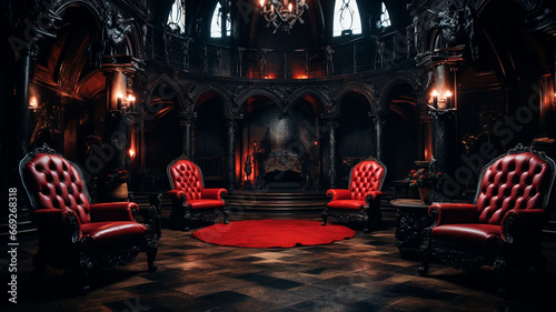 dark room interior with red armchairs