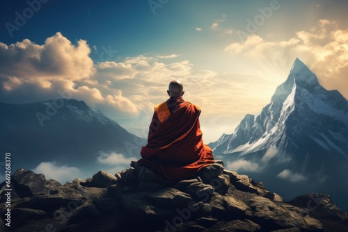A serene image of a monk sitting on a rock with a majestic mountain in the background. Perfect for meditation, spirituality, and nature-themed designs