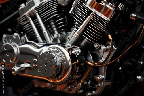 A detailed close up view of a motorcycle engine. Ideal for automotive enthusiasts and motorcycle repair guides