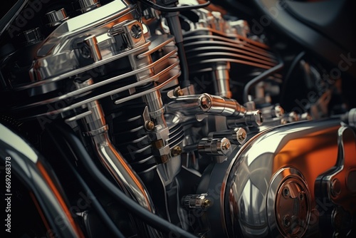 A detailed close-up view of a motorcycle engine. This image showcases the intricate parts and components of the engine. Suitable for automotive and engineering-related projects