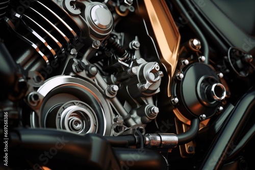A detailed close up view of a motorcycle engine. Perfect for automotive enthusiasts or mechanics.