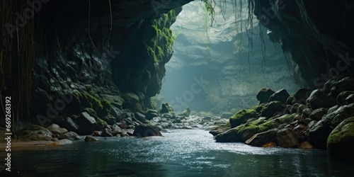 A picture of a cave filled with numerous rocks and water. This image can be used to depict natural formations, geological wonders, or adventure and exploration themes © Vladimir Polikarpov