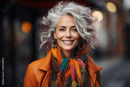a smiling older woman with grey hair, in the style of street fashion   Urban portraits © Graphix