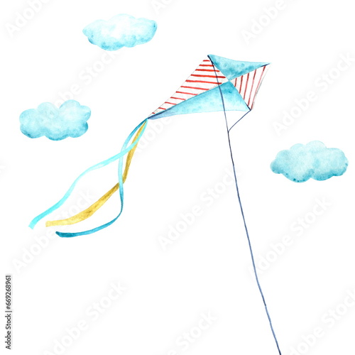 A paper kite flying among the clouds on a long rope. Blue summer sky and windy weather. Hand-drawn watercolor illustration isolated on a white background, not AI.