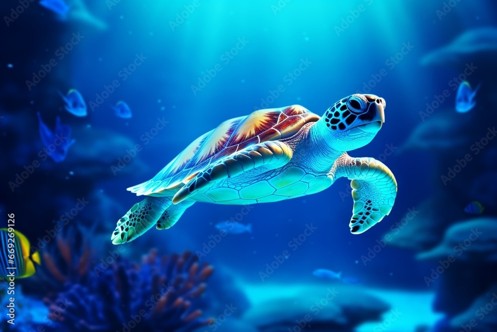 Fototapeta premium Turtle Exploring the Ocean Depths in Fantasy Realism Style