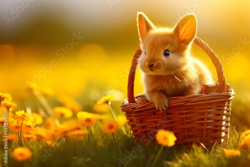 Charming Realism of Cute Rabbit in Flower Field at Sunset