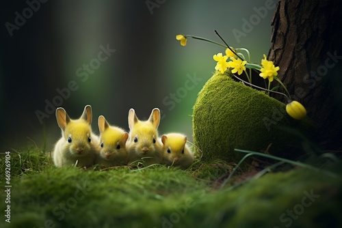 Yellow Bunnies in Rustic Still Life with Fairy Tale Charm