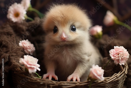 Dreamy Baby Bird in Flower Basket with Shiny Eyes