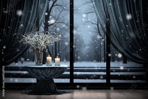 Gothic Winter Night Scene with Candles and Luxurious Drapery, Dark Cyan and Gray