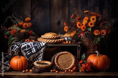 Festive Autumn Spread with Pumpkins, Pies and Cheese on Vintage Wood