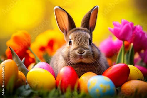 Vibrant Easter Bunny Amidst Colorful Eggs in Spectacular Backdrop