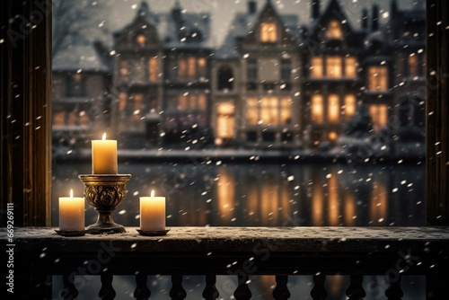 Romantic Winter Scene with Candlelight on Historical Building Balcony