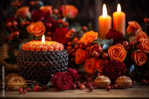Romantic Autumn Candle Arrangement with Orange Roses and Spices
