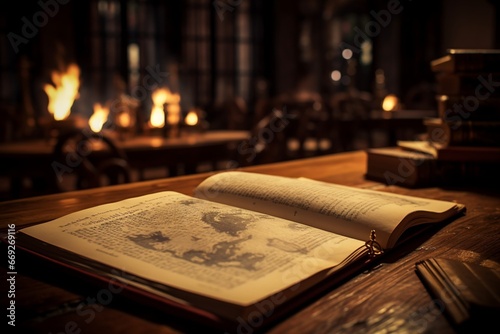 Historical Reimagining of a Lively Tavern Scene with Open Book and Fireplace