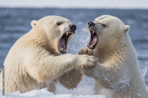 Energetic Water Battle between Two Polar Bears in Antarctic Winter