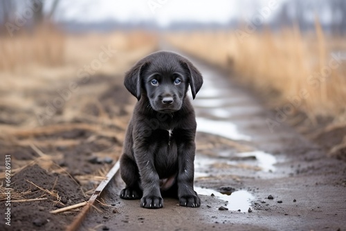 Black Puppy on a Dirt Sidewalk Captured in Wildlife Photography