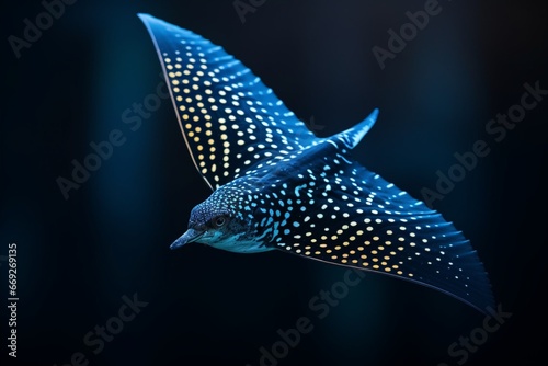 Exotic Spotted Bird in Flight Amidst Pointillist Dots