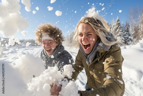 Young people play with snow .