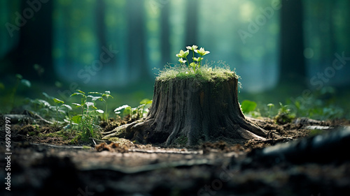 moss on a wooden table in the forest